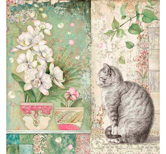 Bloc de papier scrapbooking « Chat et orchidée », 10 feuilles, 30,5 x 30,5 cm
