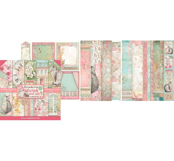 Bloc de papier scrapbooking « Chat et orchidée », 10 feuilles, 30,5 x 30,5 cm