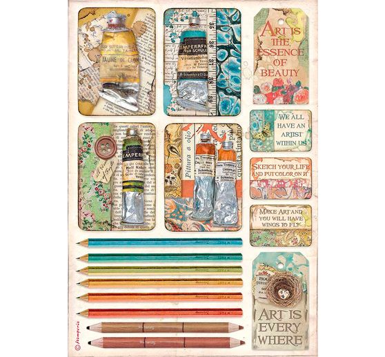 Soie de paille à motifs « Tubes de peinture et crayons »