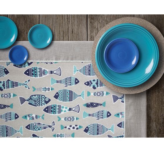 Tissu imprimé aspect lin au mètre « Poissons »