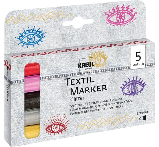 Textil Marker medium KREUL « Glitter », set de 5