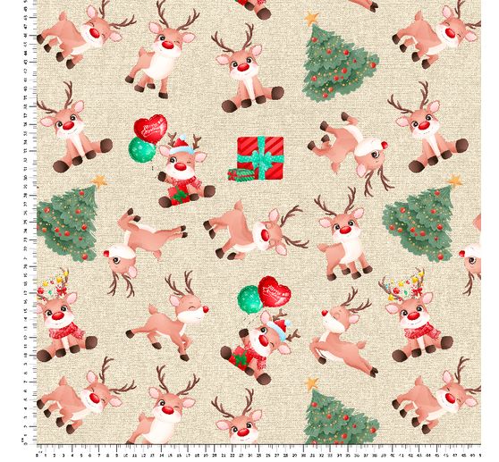 Tissu imprimé aspect lin au mètre « Rudolph le renne »