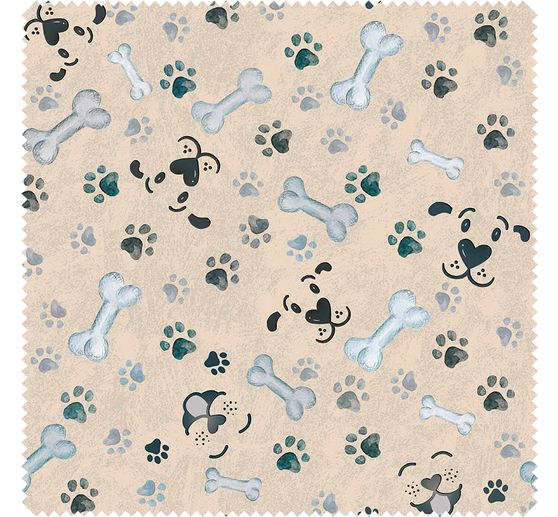 Tissu imprimé aspect lin au mètre « Pattes de chien et os »