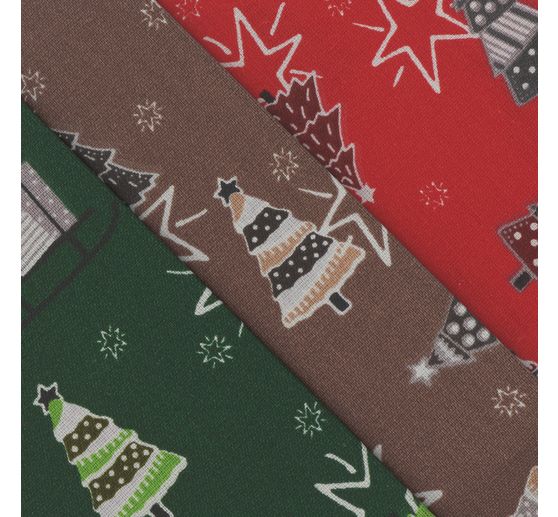 Tissu coton au mètre « Sapins, étoiles et cadeaux » 