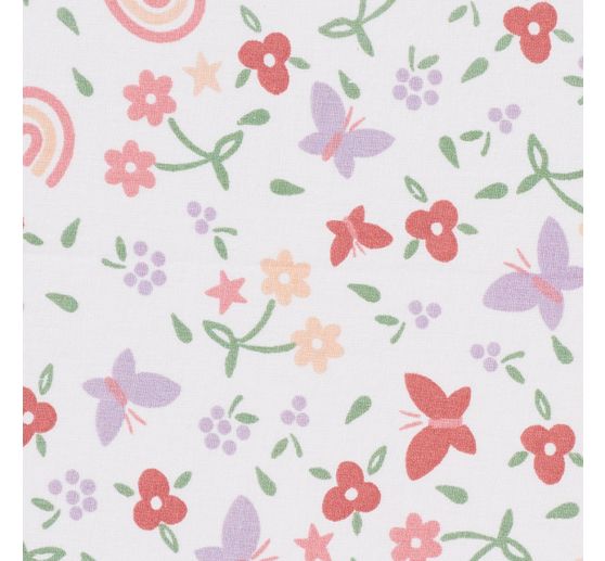 Tissu coton au mètre « Fleurs, arc-en-ciel et papillons »