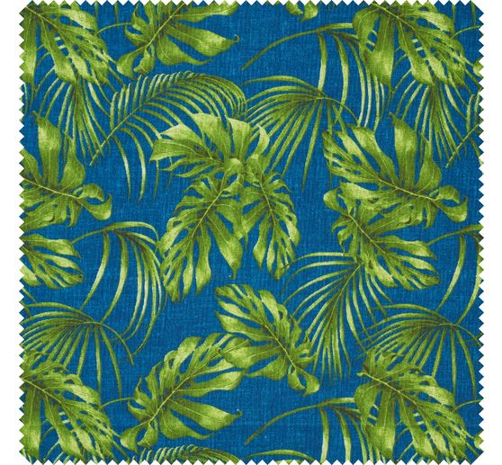 Tissu imprimé aspect lin au mètre « Blue Monstera Jungle »