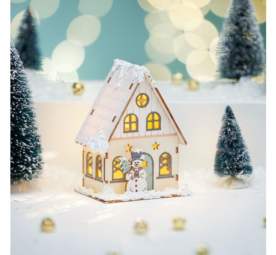 Kit de construction en bois VBS « Maison avec bonhomme de neige », éclairage LED inclus