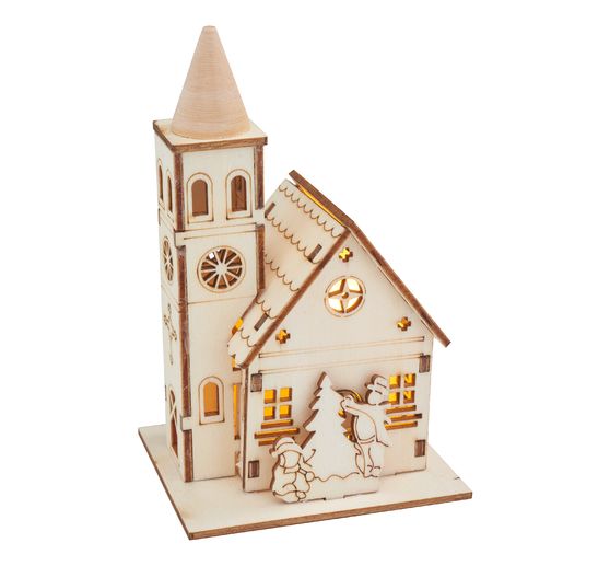 Kit de construction en bois VBS « Église à clocher rond », éclairage LED inclus