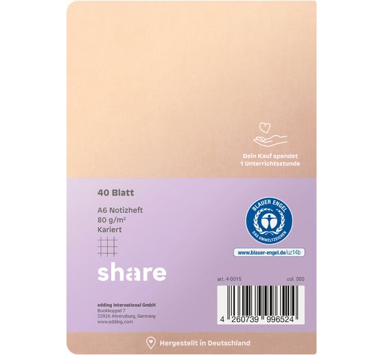 Carnet de notes share, petits carreaux, A6, bleu pastel-lavande, 40 feuilles