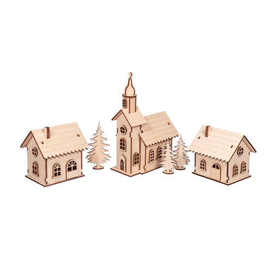 Kit de construction en bois village illuminé, 84 pc.