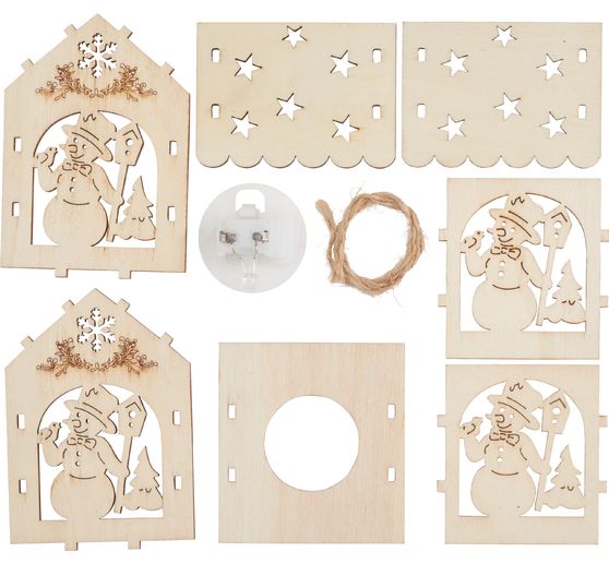 Kit de construction bois maison illuminée « Bonhomme de neige au nichoir » VBS, éclairage LED incl.