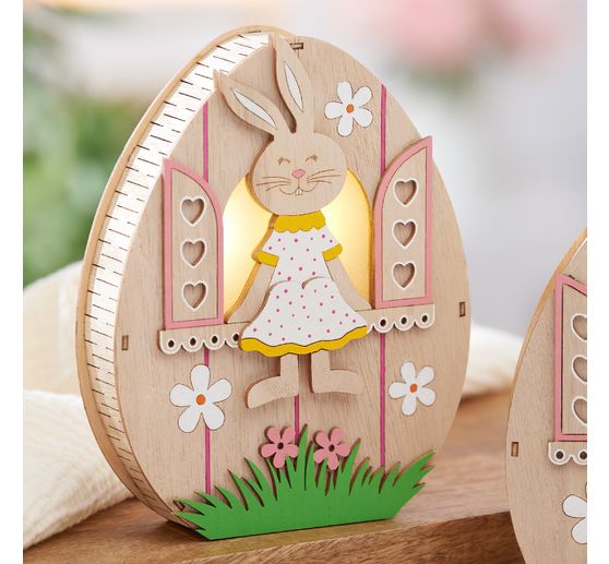 Œuf en bois à éclairage LED VBS « Lapine à la fenêtre »