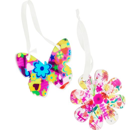 Breloque acrylique "papillon et fleur" avec ruban, set de 2 pièces