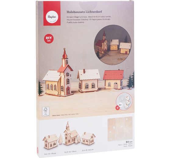 Kit de construction en bois village illuminé, 84 pc.