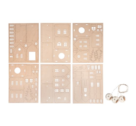 Kit de construction en bois village illuminé, 84 pc.