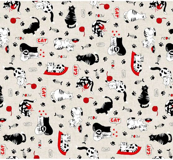 Tissu déco imprimé aspect lin au mètre « Cats »