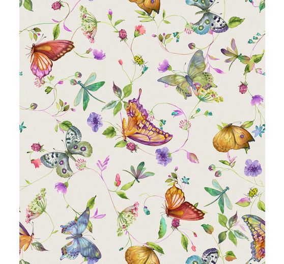 Tissu déco imprimé aspect lin au mètre « Papillons et fleurs »