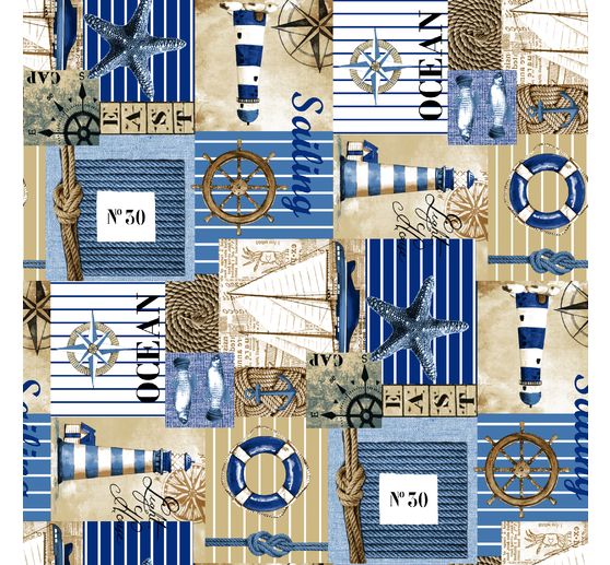 Tissu déco imprimé aspect lin au mètre « Sailing »