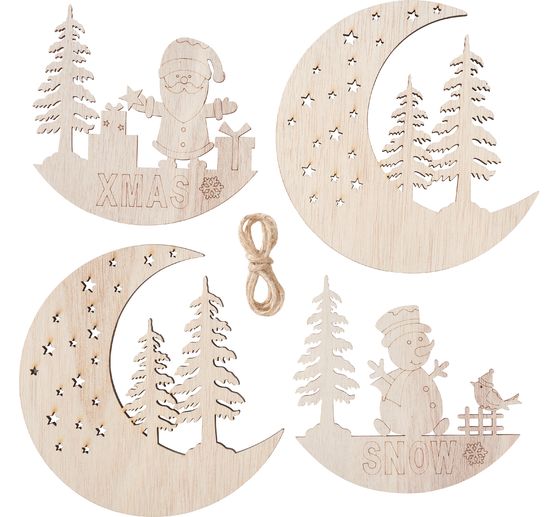Décorations à suspendre en bois VBS « Demi-lune, Père Noël et Snowy », set de 2