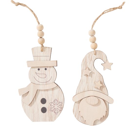 Décorations à suspendre en bois VBS « Lutin et bonhomme de neige », set de 2
