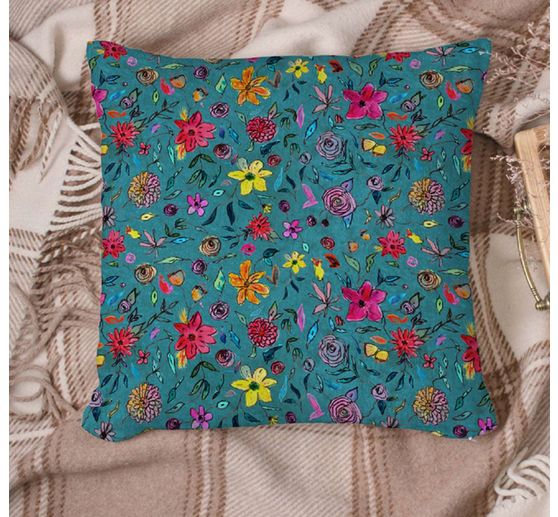 Tissu au mètre polyester « Fleurs-Turquoise »