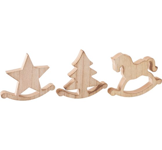 Figurines à bascule en bois VBS « Cheval, sapin et étoile », set de 3