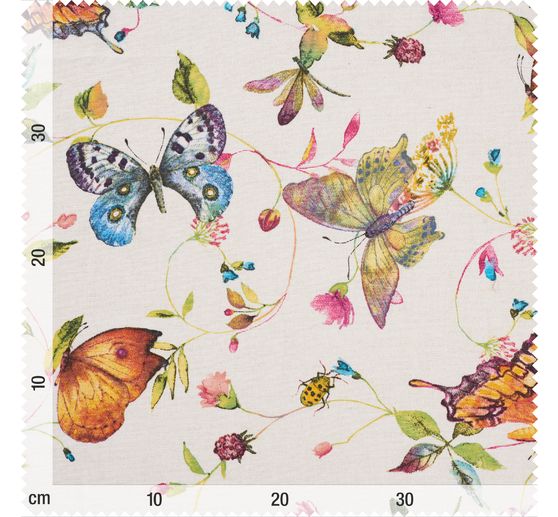 Tissu déco imprimé aspect lin au mètre « Papillons et fleurs »