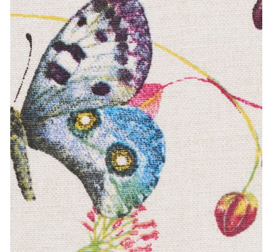 Tissu déco imprimé aspect lin au mètre « Papillons et fleurs »