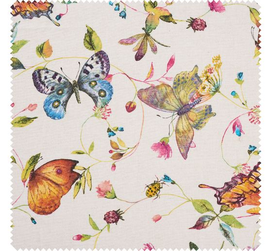 Tissu déco imprimé aspect lin au mètre « Papillons et fleurs »