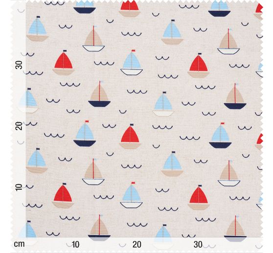 Tissu déco imprimé aspect lin au mètre « Bateaux à voile »