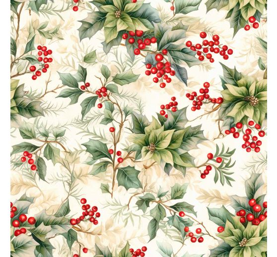 Tissu déco imprimé aspect lin au mètre « Baies d'houx »