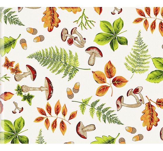 Tissu imprimé aspect lin au mètre « Feuilles d'automne et champignons »