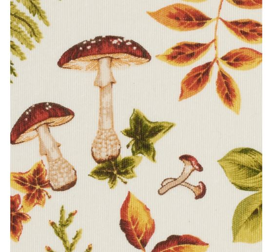 Motif fabric linen optics "Autumn leaves and mushrooms"
