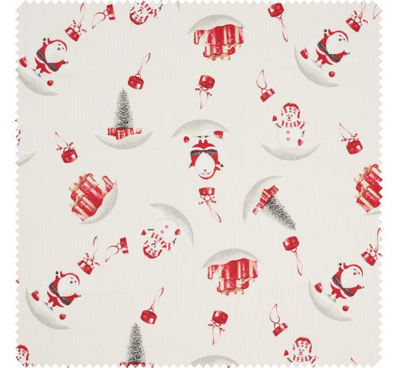 Tissu imprimé aspect lin au mètre avec impression dorée « Snowman and Santa »