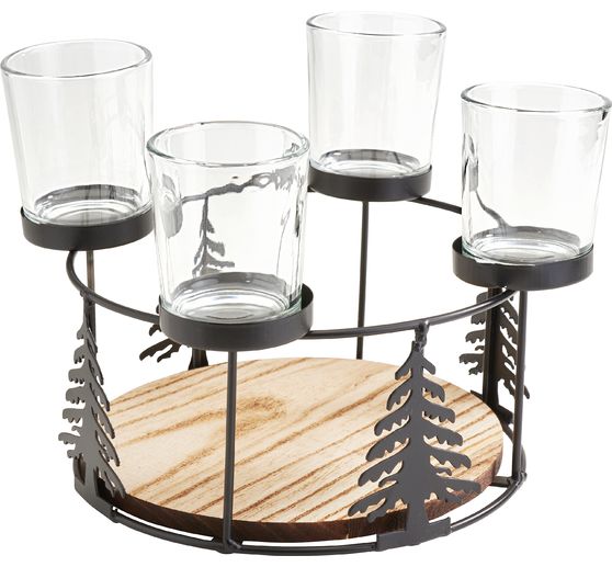 Couronne de l'Avent en bois et métal avec décors silhouette arbre + 4 verres à bougie