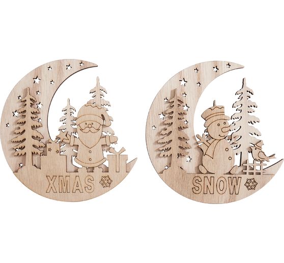 Décorations à suspendre en bois VBS « Demi-lune, Père Noël et Snowy », set de 2