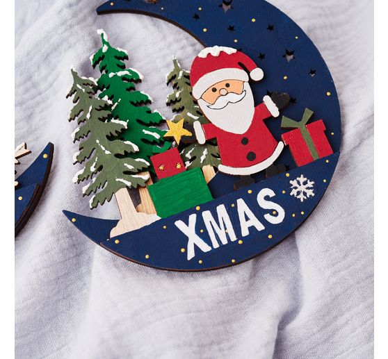 Décorations à suspendre en bois VBS « Demi-lune, Père Noël et Snowy », set de 2