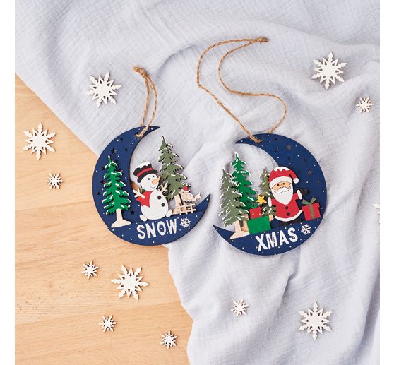 Décorations à suspendre en bois VBS « Demi-lune, Père Noël et Snowy », set de 2