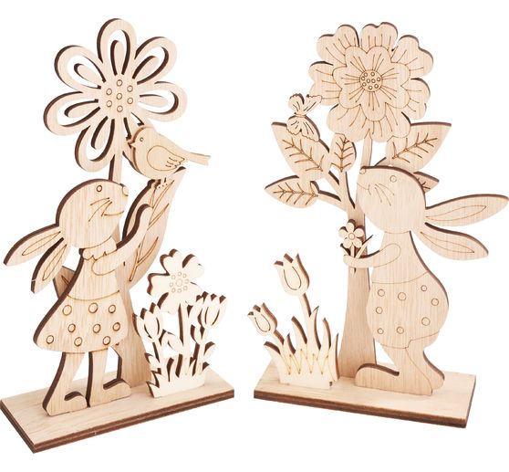 D&eacute;corations &agrave; embo&icirc;ter en bois VBS &laquo; Couple de lapins avec des fleurs &raquo;, set de 2