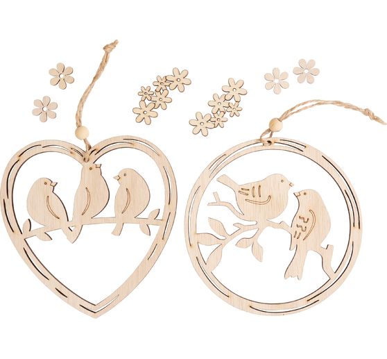 D&eacute;corations &agrave; suspendre en bois VBS &laquo; Couronne et c&oelig;ur avec oiseau &raquo;, set de 2
