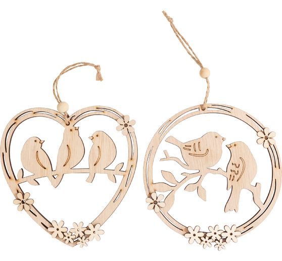 D&eacute;corations &agrave; suspendre en bois VBS &laquo; Couronne et c&oelig;ur avec oiseau &raquo;, set de 2