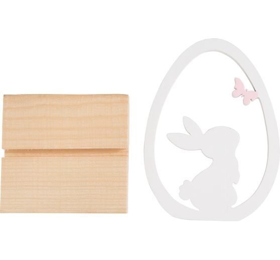 D&eacute;coration en bois &laquo; &OElig;uf avec lapin sur socle &raquo;