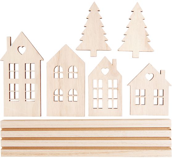 D&eacute;coration &agrave; embo&icirc;ter en bois VBS &laquo; Village avec sapins &raquo;