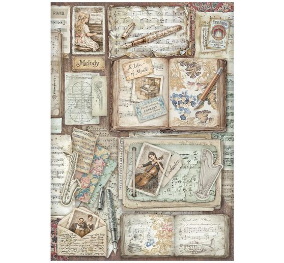Assortiment de soies de paille &agrave; motifs Stamperia &laquo; Symphony &raquo;, DIN A4, set de 6 pi&egrave;ces