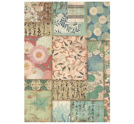 Soie de paille &agrave; motifs backgrounds Stamperia &laquo; Oriental Garden &raquo;, DIN A6, set de 8 pi&egrave;ces