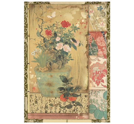 Assortiment de soies de paille &agrave; motifs Stamperia &laquo; Oriental Garden &raquo;, DIN A6, set de 8 pi&egrave;ces