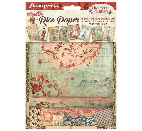 Assortiment de soies de paille &agrave; motifs Stamperia &laquo; Oriental Garden &raquo;, DIN A6, set de 8 pi&egrave;ces