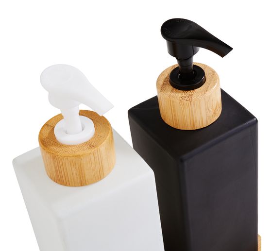 Set de distributeurs de savon VBS &laquo; Black & White &raquo;, avec plateau en bambou
