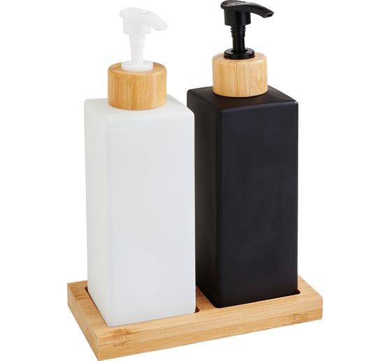 Set de distributeurs de savon VBS &laquo; Black & White &raquo;, avec plateau en bambou