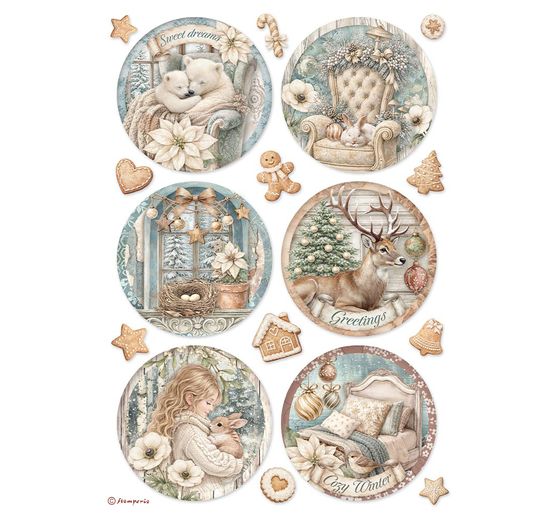 Assortiment de soies de paille &agrave; motifs Stamperia &laquo; White Christmas &raquo;, DIN A4, set de 6 pi&egrave;ces